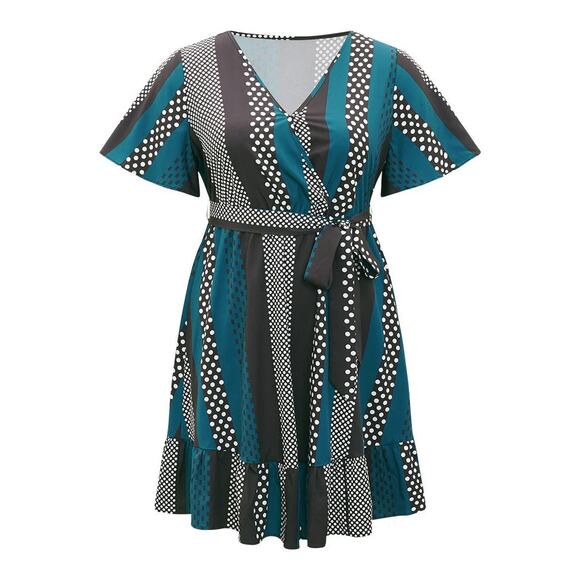 Large 12 BloomChic Wrap Dress Polka Dot Stripe Print Belted with Pockets - Picture 5 of 5